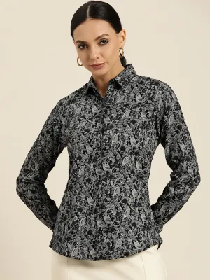 Women Black Prints Pure Cotton Slim Fit Formal Shirt