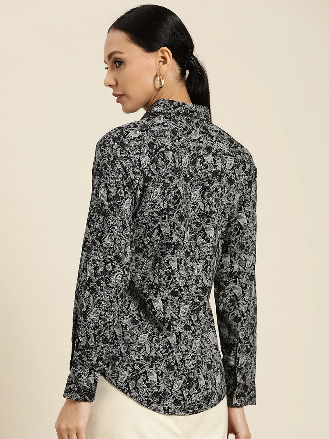 Women Black Prints Pure Cotton Slim Fit Formal Shirt