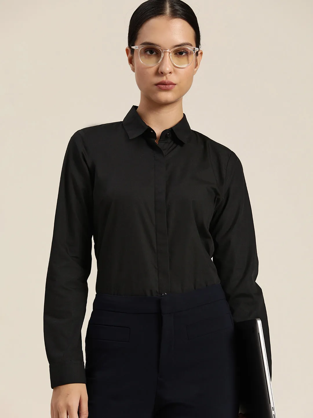Women Black Solid Pure Cotton Regular Fit Formal Shirt