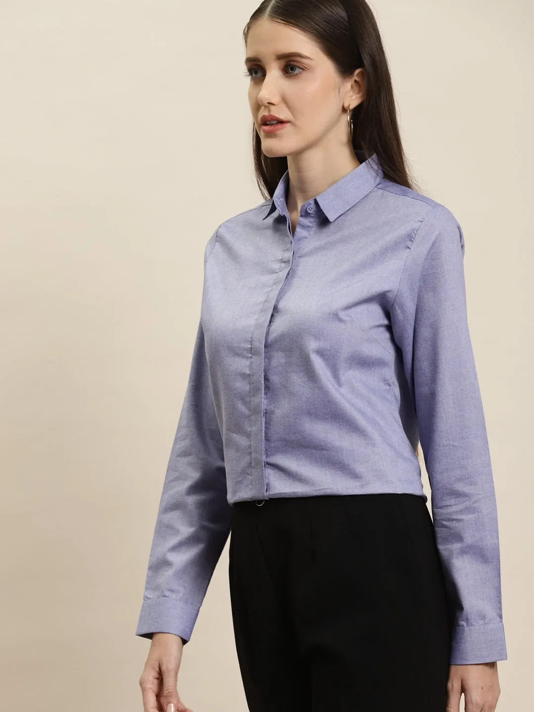 Women Blue Solid Chambray Cotton Rich Slim Fit Formal Shirt