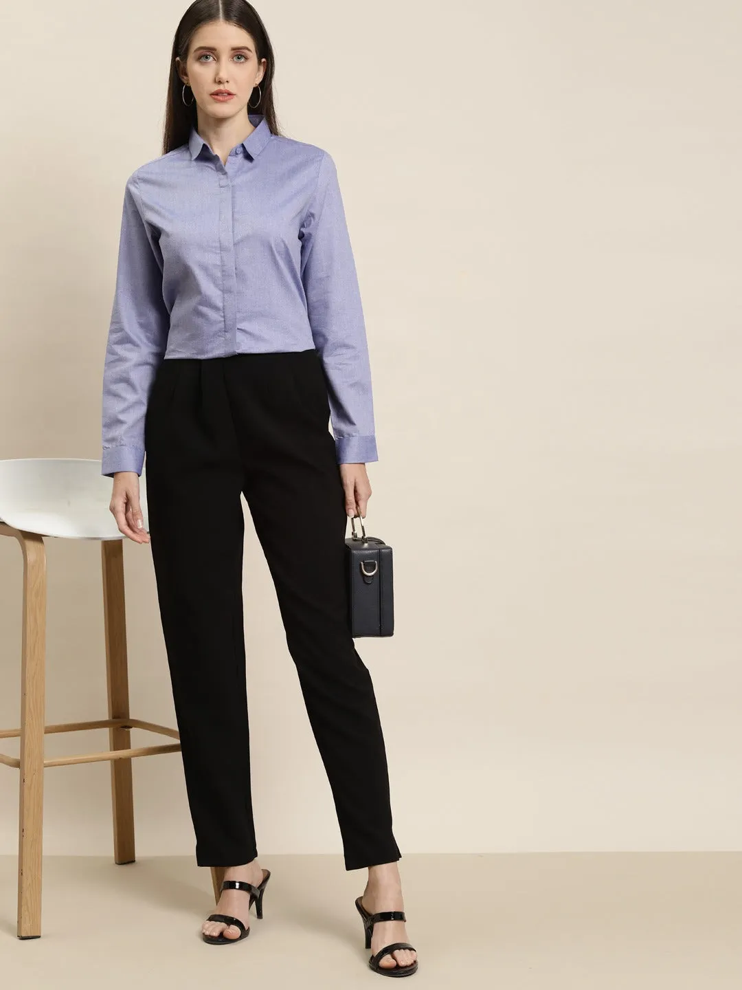 Women Blue Solid Chambray Cotton Rich Slim Fit Formal Shirt