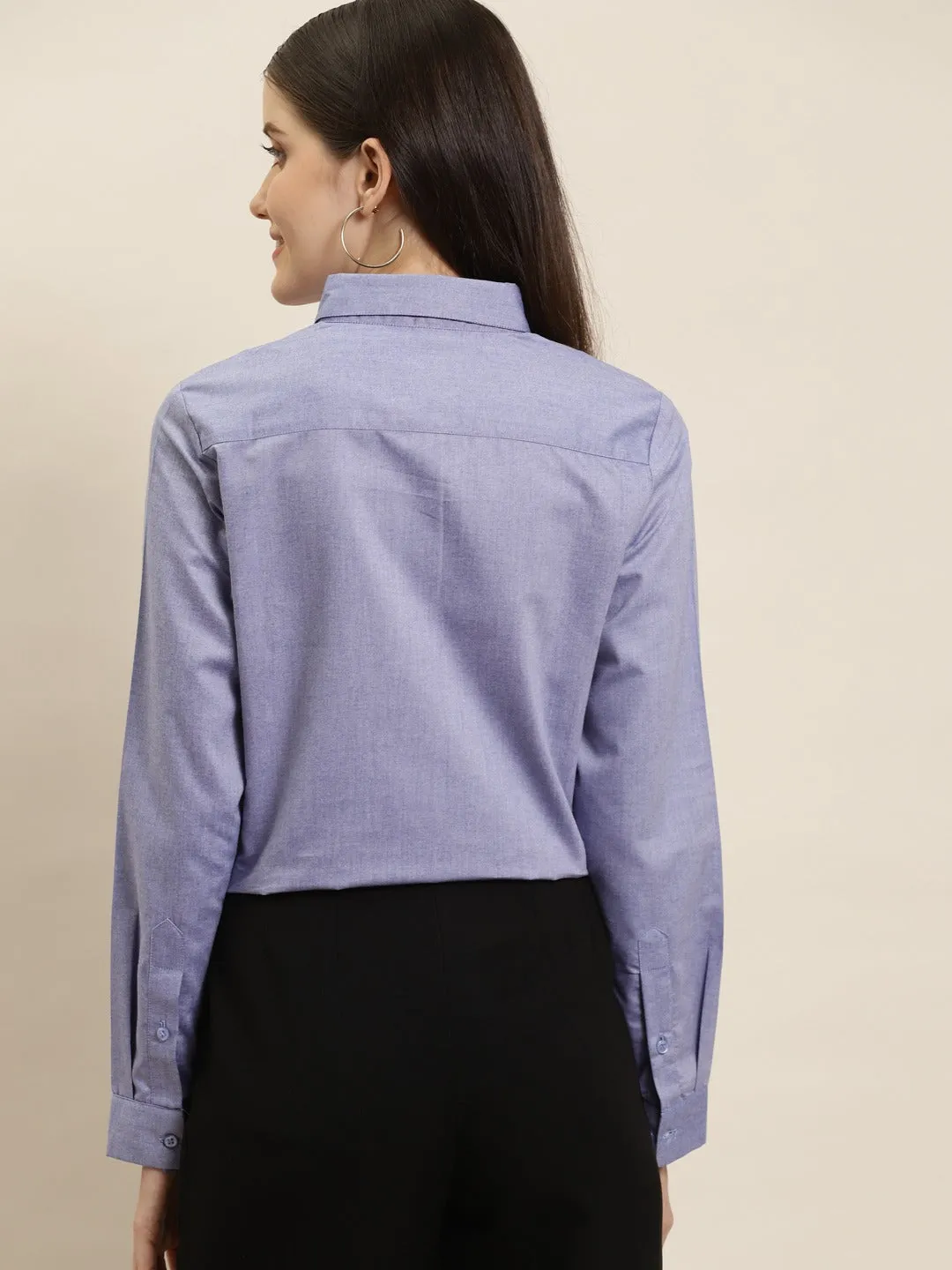 Women Blue Solid Chambray Cotton Rich Slim Fit Formal Shirt
