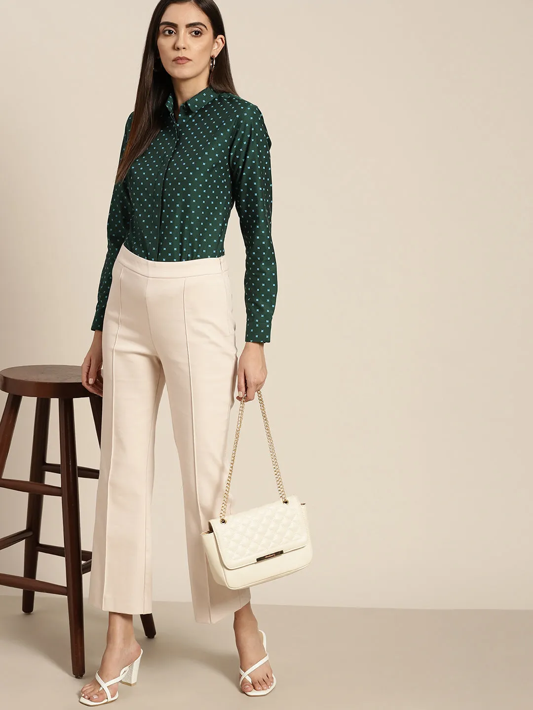 Women Bottle green & Blue Printed Pure Cotton Slim Fit Formal Shirt