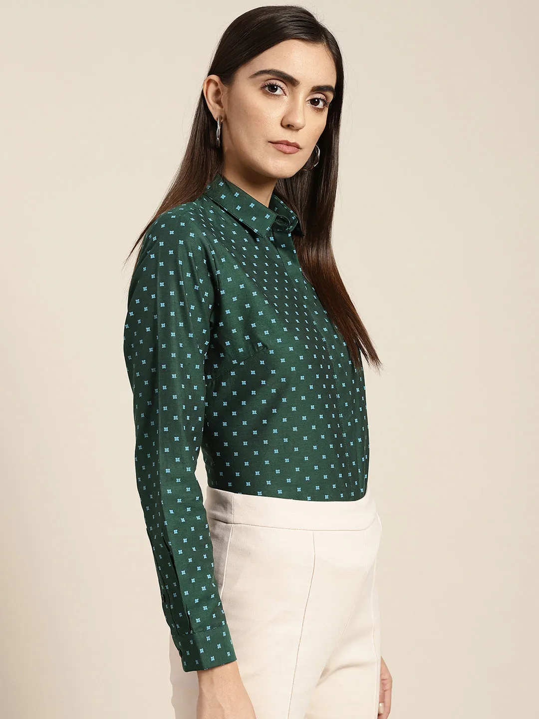 Women Bottle green & Blue Printed Pure Cotton Slim Fit Formal Shirt