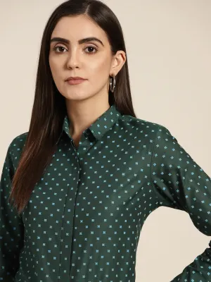 Women Bottle green & Blue Printed Pure Cotton Slim Fit Formal Shirt