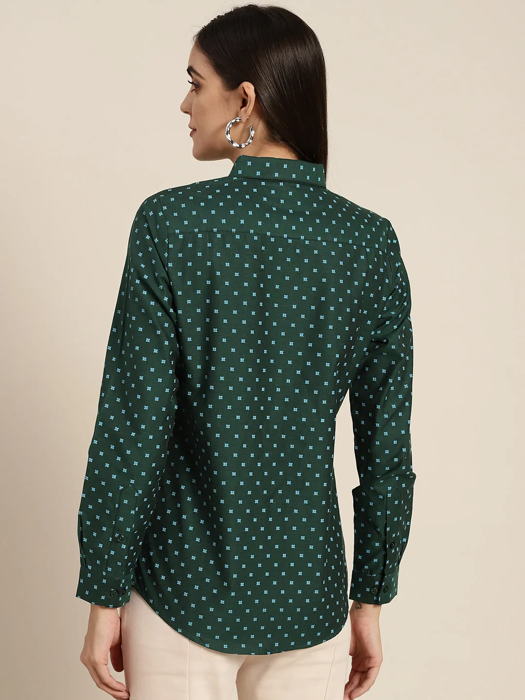 Women Bottle green & Blue Printed Pure Cotton Slim Fit Formal Shirt