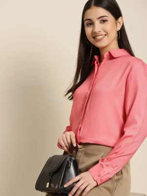Women Coral Solid Viscose Rayon Regular Fit Formal Shirt