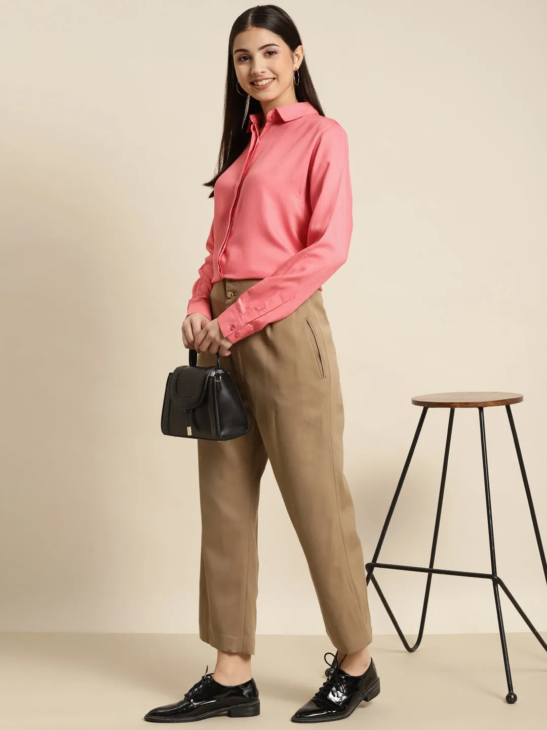 Women Coral Solid Viscose Rayon Regular Fit Formal Shirt