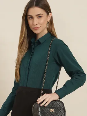Women Green & Navy Pin Striped Cotton Slim Fit Formal Shirt