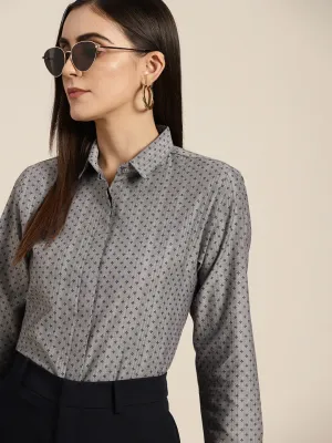 Women Grey Prints Pure Cotton Slim Fit Formal Shirt