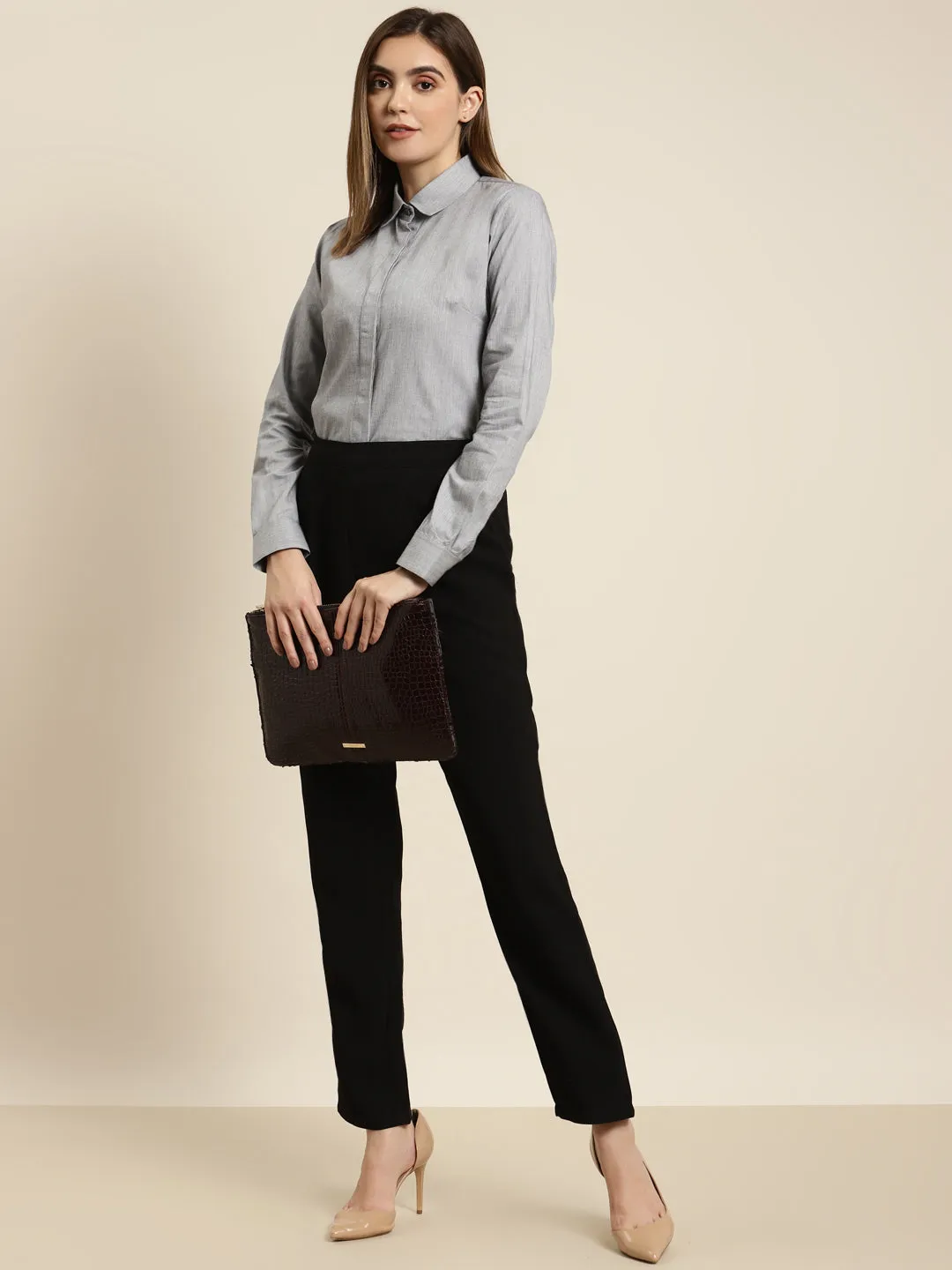 Women Grey Solid Pure Cotton Regular Fit Formal Shirt