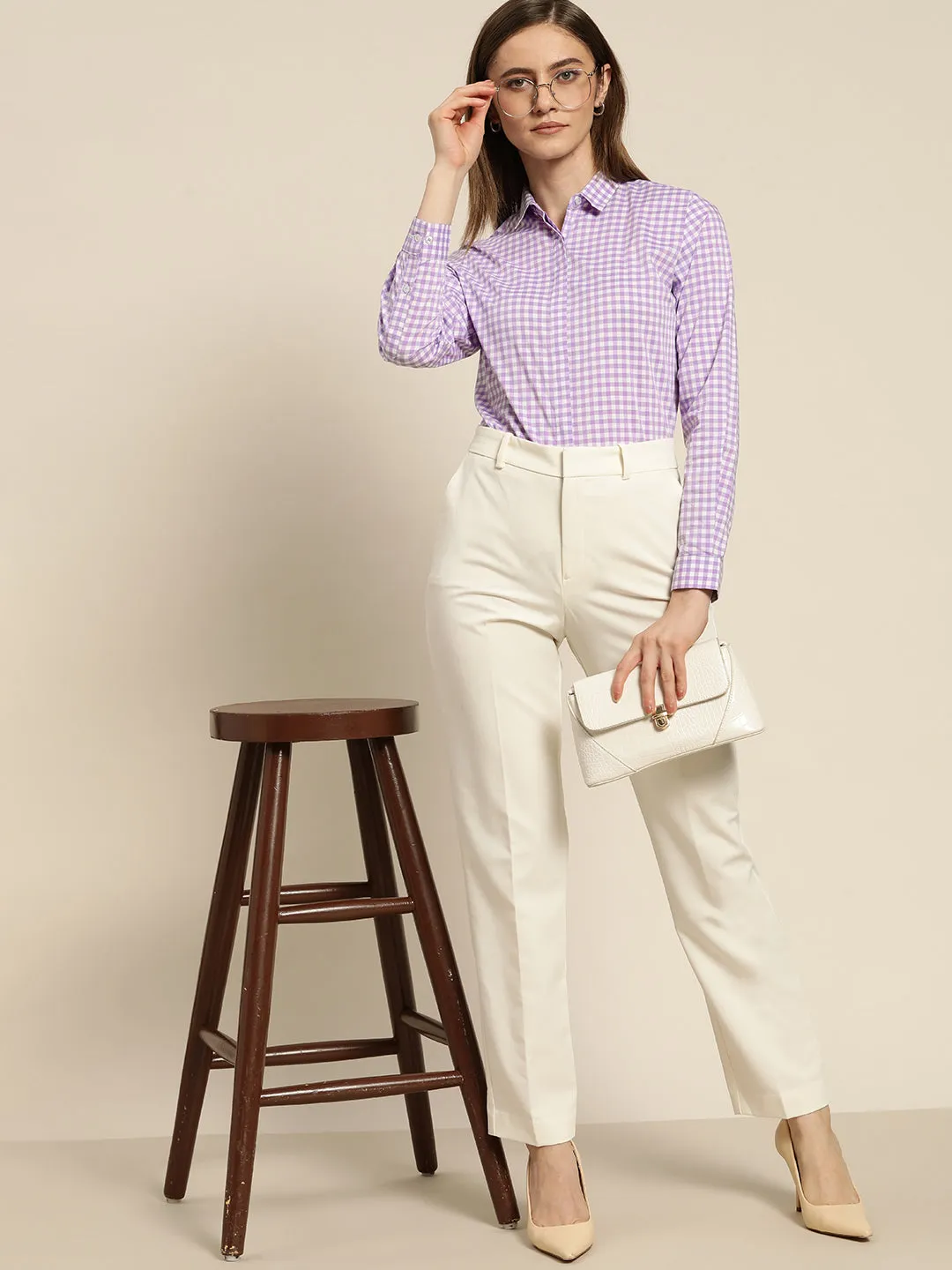 Women Lavendar & White Checked Pure Cotton Slim Fit Formal Shirt