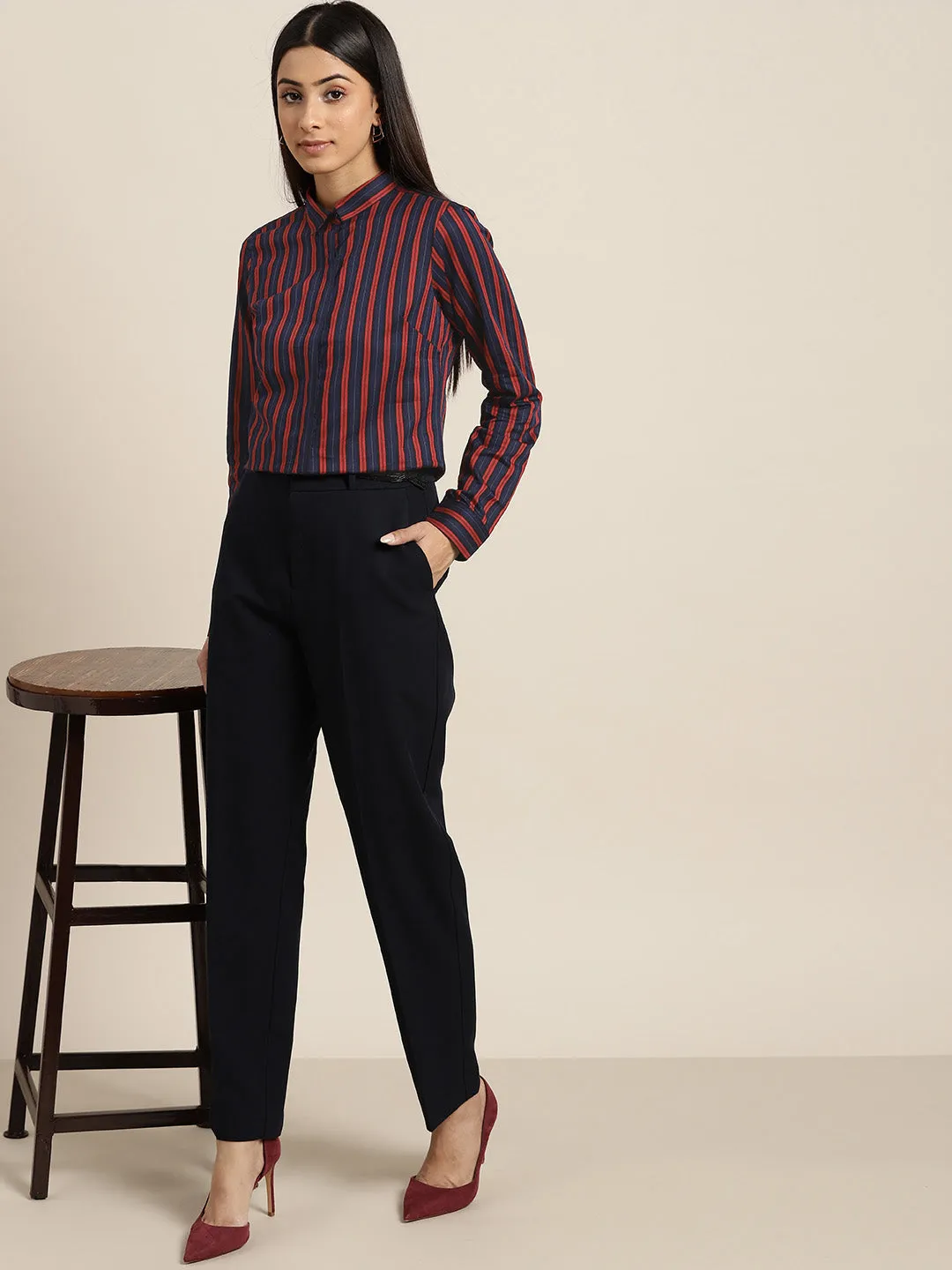 Women Navy & Red Stripes Pure Cotton Slim Fit Formal Shirt