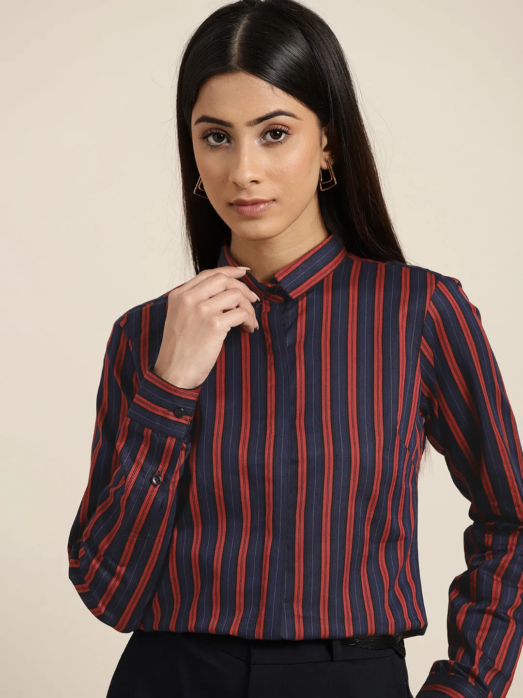 Women Navy & Red Stripes Pure Cotton Slim Fit Formal Shirt