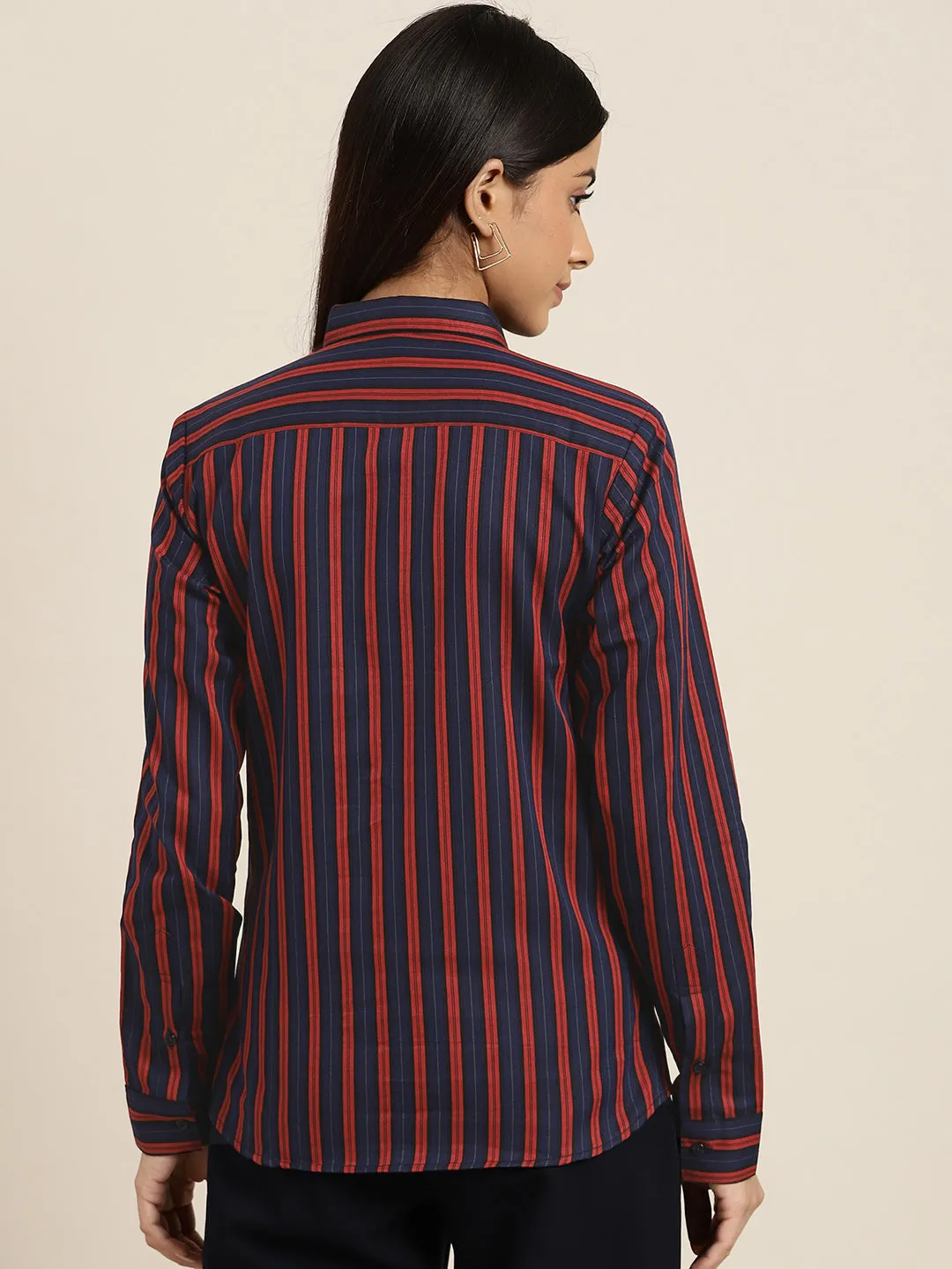 Women Navy & Red Stripes Pure Cotton Slim Fit Formal Shirt