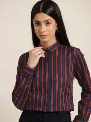Women Navy & Red Stripes Pure Cotton Slim Fit Formal Shirt