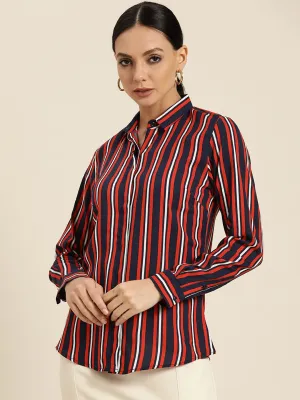 Women Navy Stripes Viscose Rayon Slim Fit Formal Shirt