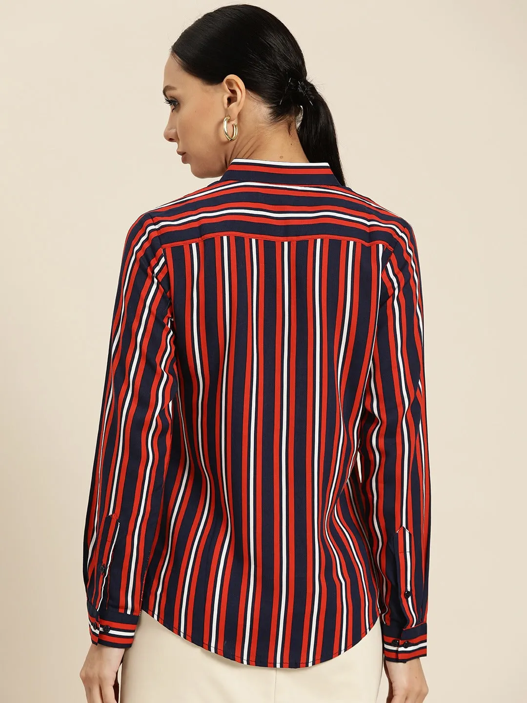Women Navy Stripes Viscose Rayon Slim Fit Formal Shirt
