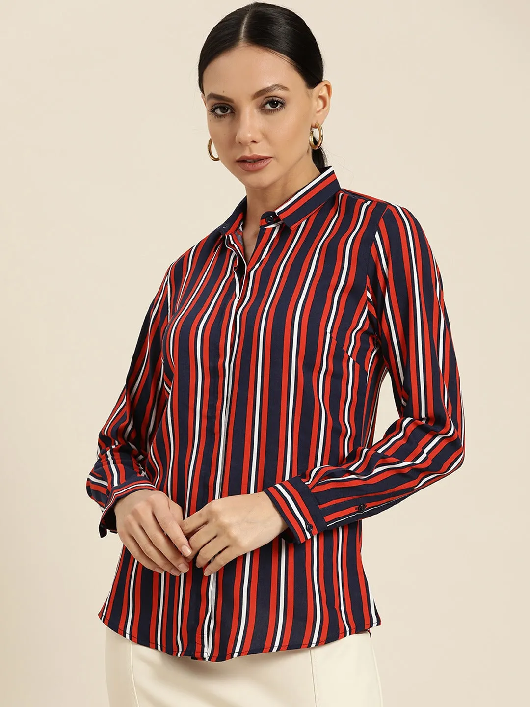 Women Navy Stripes Viscose Rayon Slim Fit Formal Shirt
