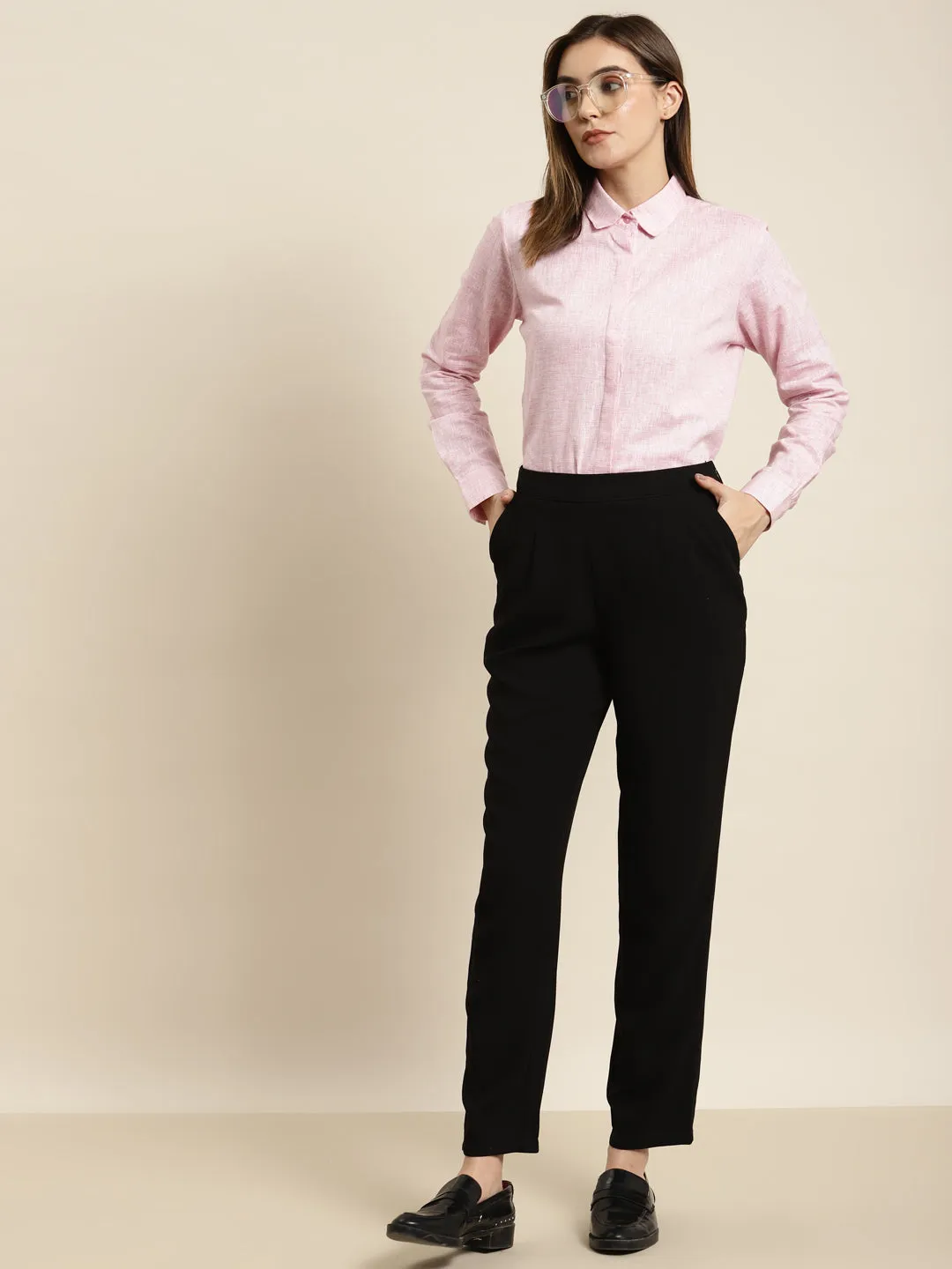 Women Pink Solid Pure Cotton Regular Fit Formal Shirt