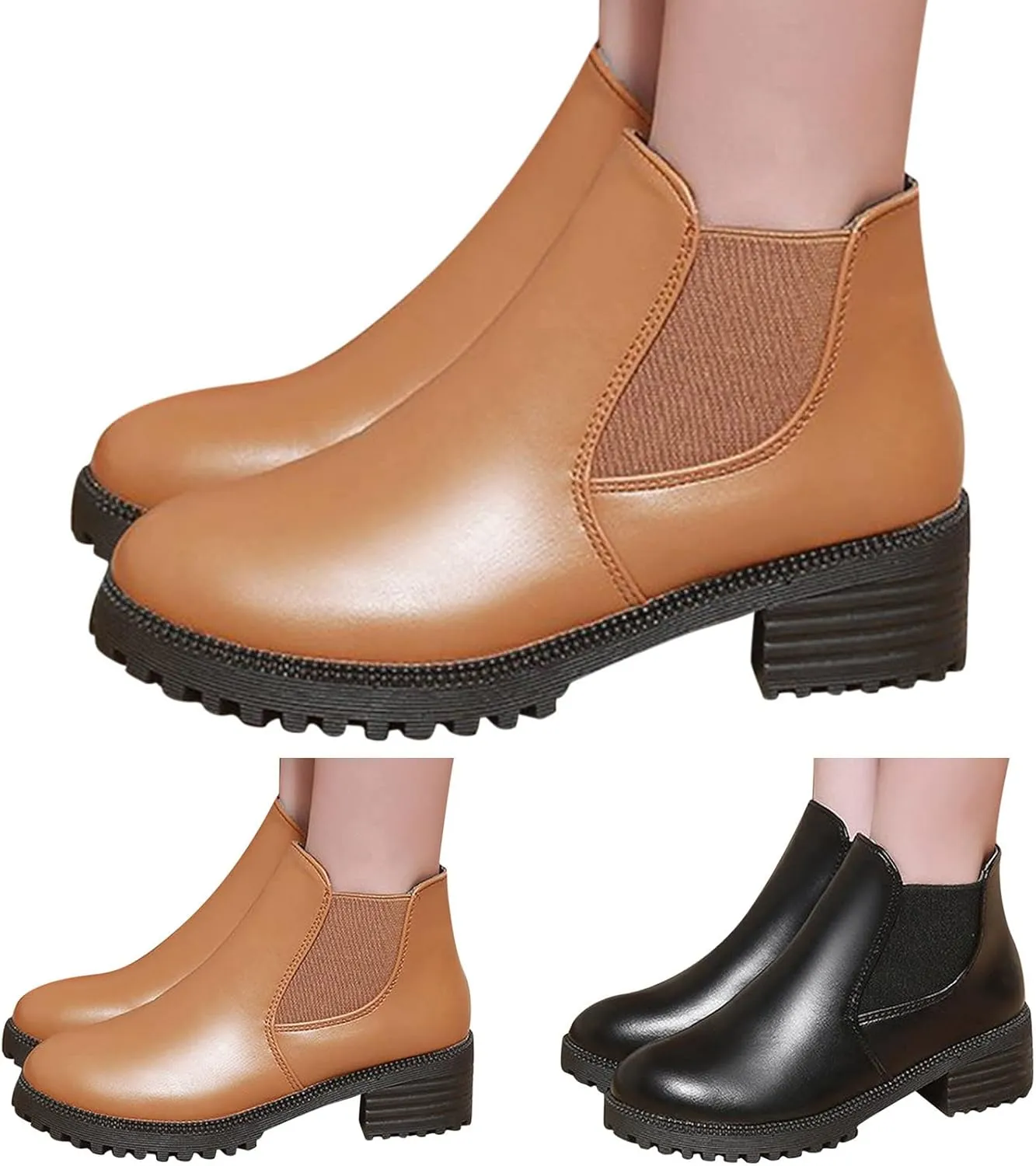 Women's Ankle Boots & Booties Black Dress Booties for Women Womens Work Boots Black Boot Heels for Women Keep Warm Flat Bottom Slip on Pointed Toe Leather Casual