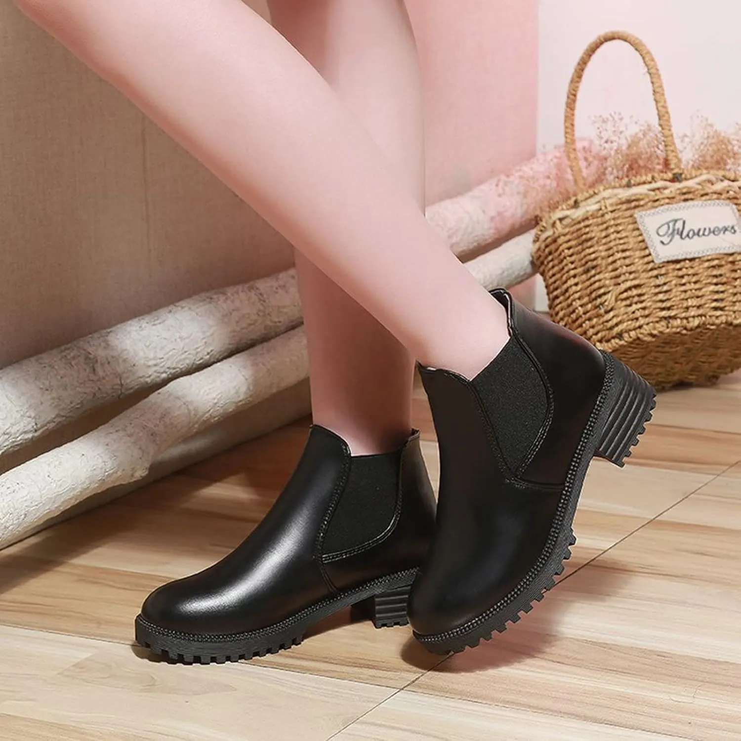 Women's Ankle Boots & Booties Black Dress Booties for Women Womens Work Boots Black Boot Heels for Women Keep Warm Flat Bottom Slip on Pointed Toe Leather Casual