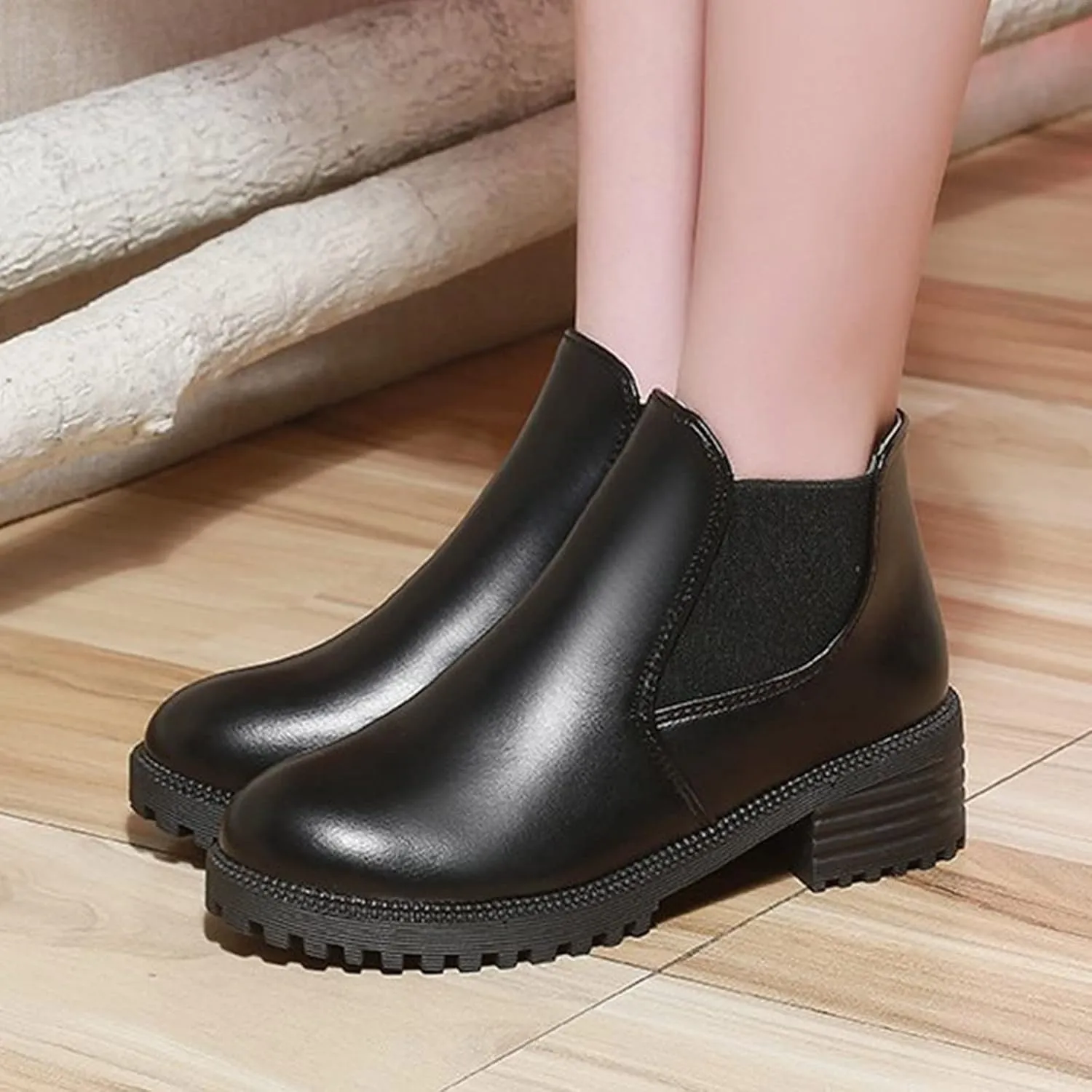 Women's Ankle Boots & Booties Black Dress Booties for Women Womens Work Boots Black Boot Heels for Women Keep Warm Flat Bottom Slip on Pointed Toe Leather Casual