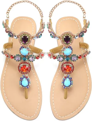 Women's Rhinestone Flat Sandals, Women Flip Flops with Clip Toe RingBeadeed Rhinestone Crystal Jeweled Sandal Shoes for Summer Beach Oceanside Holiday Outdoor