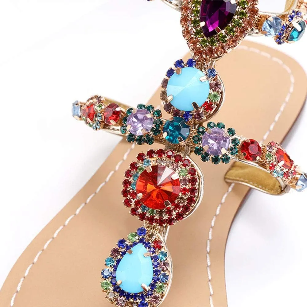 Women's Rhinestone Flat Sandals, Women Flip Flops with Clip Toe RingBeadeed Rhinestone Crystal Jeweled Sandal Shoes for Summer Beach Oceanside Holiday Outdoor