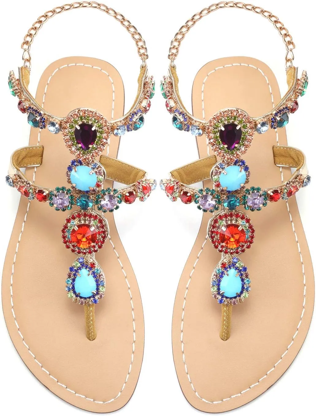Women's Rhinestone Flat Sandals, Women Flip Flops with Clip Toe RingBeadeed Rhinestone Crystal Jeweled Sandal Shoes for Summer Beach Oceanside Holiday Outdoor