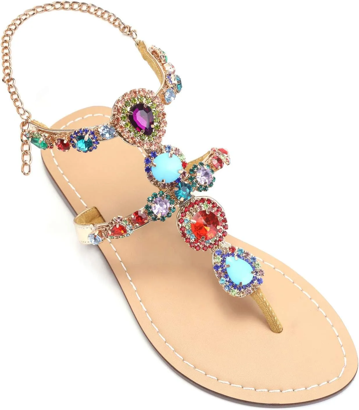 Women's Rhinestone Flat Sandals, Women Flip Flops with Clip Toe RingBeadeed Rhinestone Crystal Jeweled Sandal Shoes for Summer Beach Oceanside Holiday Outdoor
