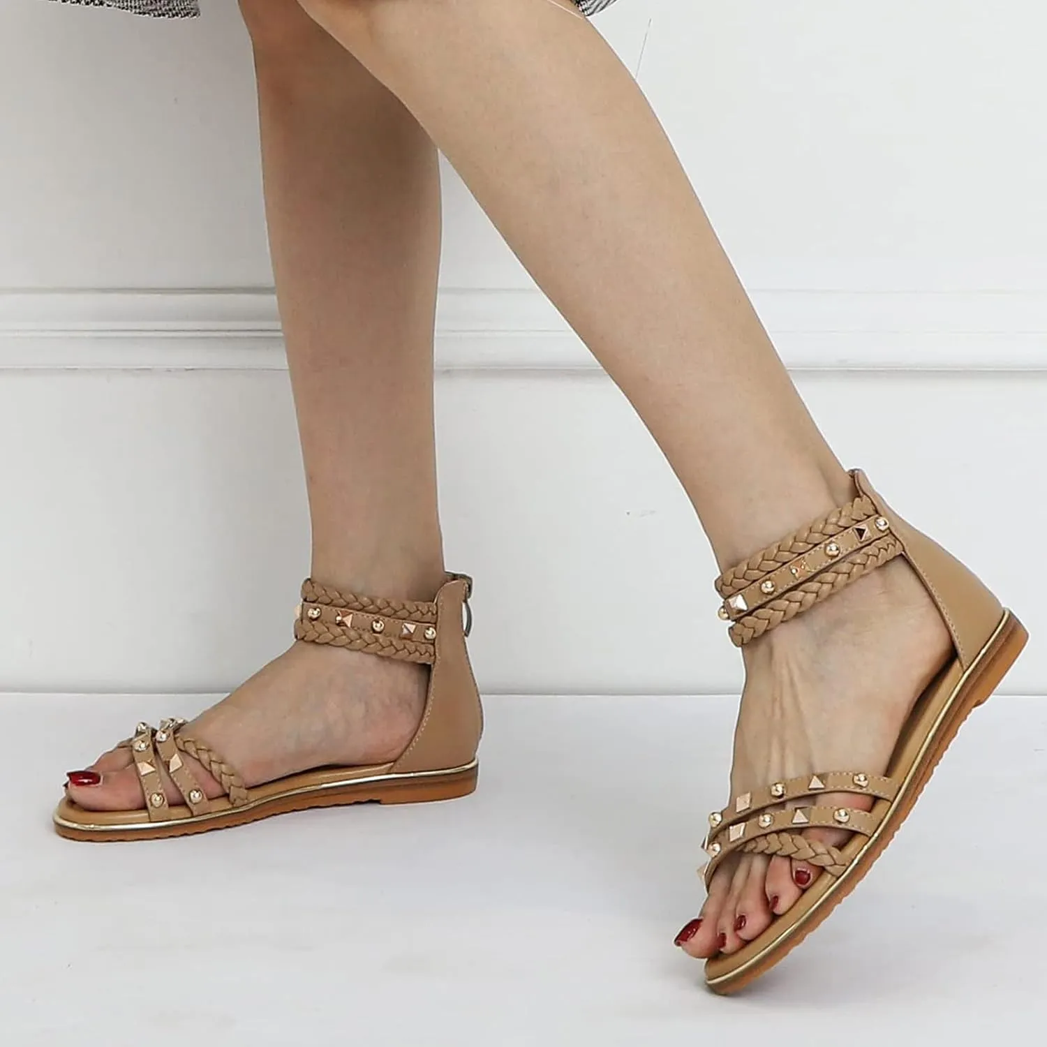 Women's Rivet Strappy Open Toe Flat Sandals,Summer Braid Ankle Strap Beach Flat Gladiator Sandals Fashion Back Zipper Casual Roman Shoes