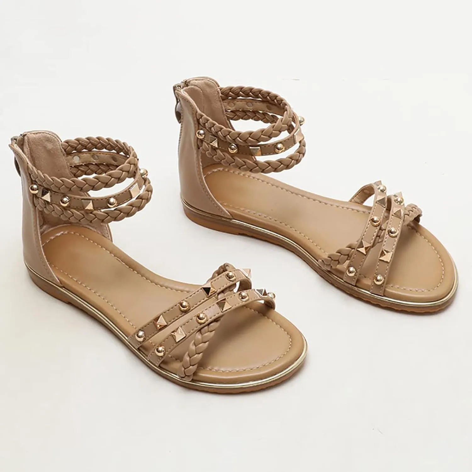 Women's Rivet Strappy Open Toe Flat Sandals,Summer Braid Ankle Strap Beach Flat Gladiator Sandals Fashion Back Zipper Casual Roman Shoes