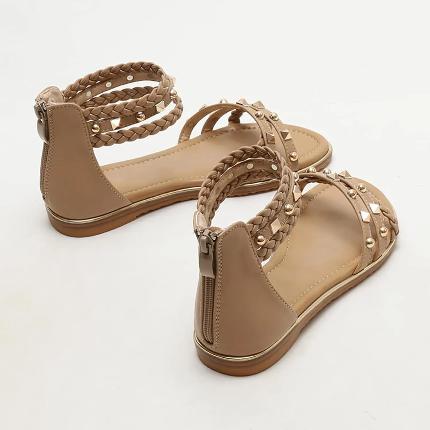Women's Rivet Strappy Open Toe Flat Sandals,Summer Braid Ankle Strap Beach Flat Gladiator Sandals Fashion Back Zipper Casual Roman Shoes