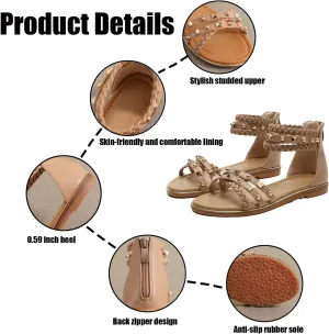 Women's Rivet Strappy Open Toe Flat Sandals,Summer Braid Ankle Strap Beach Flat Gladiator Sandals Fashion Back Zipper Casual Roman Shoes
