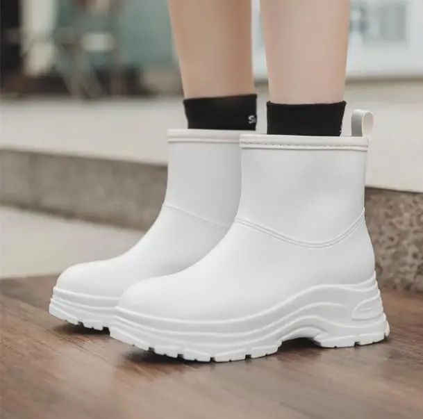 Women's Round Toe Rain Boots, Comfortable Elastic Ankle Boot, Fashion Waterproof Non-Slip Chunky Boots