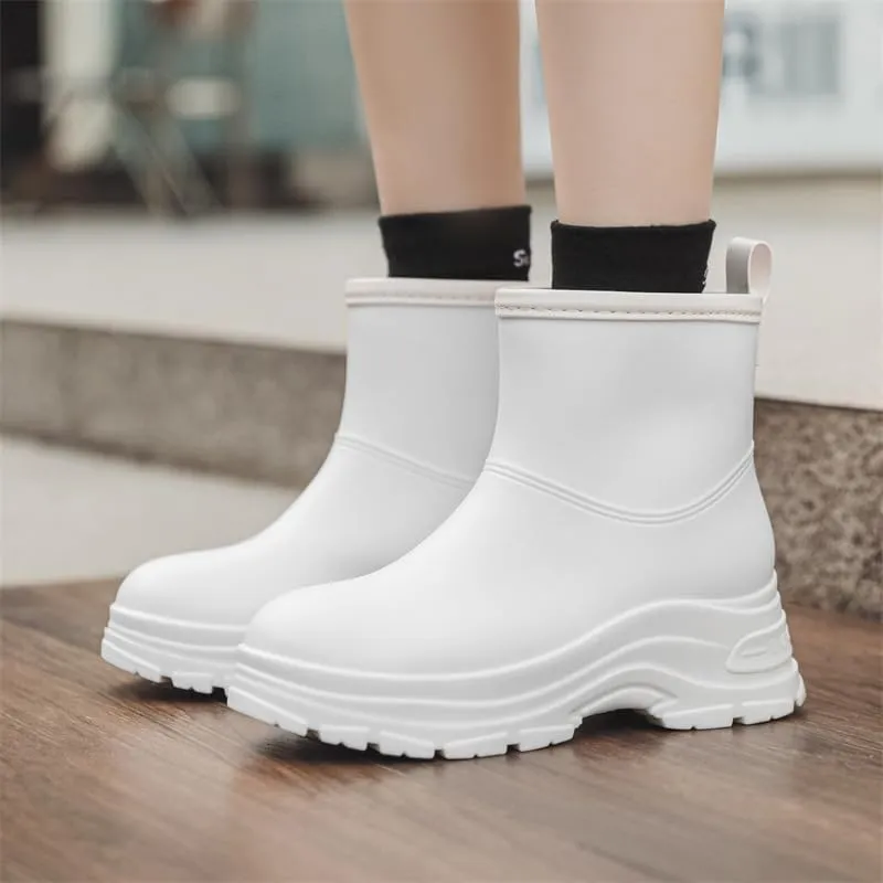 Women's Round Toe Rain Boots, Comfortable Elastic Ankle Boot, Fashion Waterproof Non-Slip Chunky Boots
