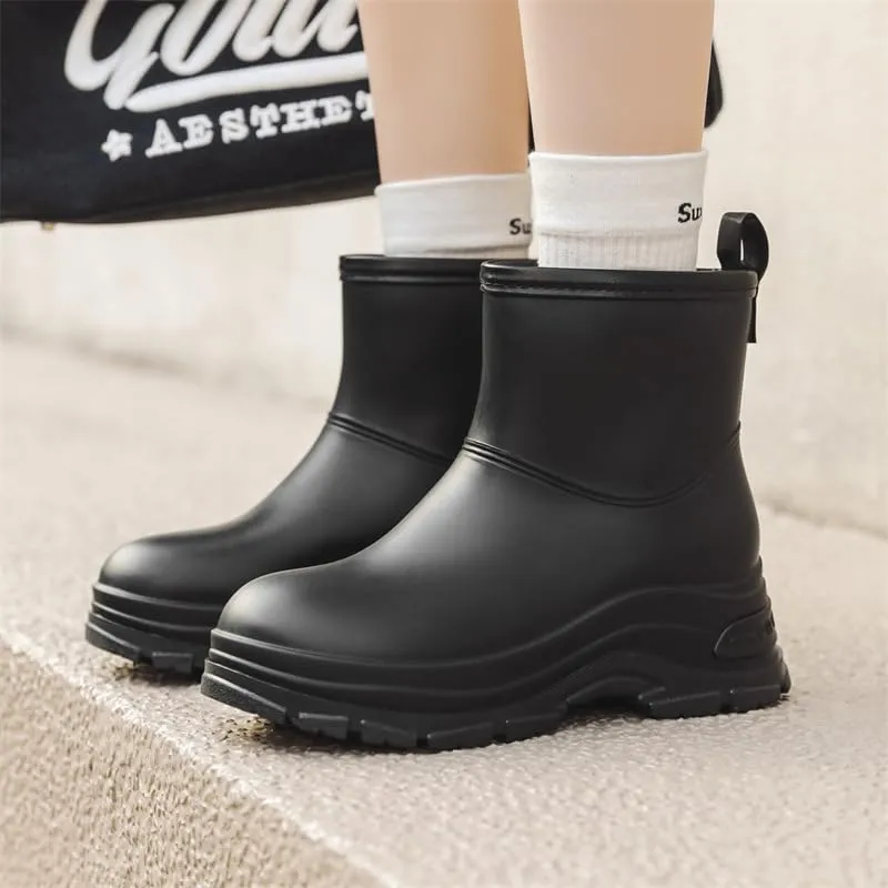 Women's Round Toe Rain Boots, Comfortable Elastic Ankle Boot, Fashion Waterproof Non-Slip Chunky Boots