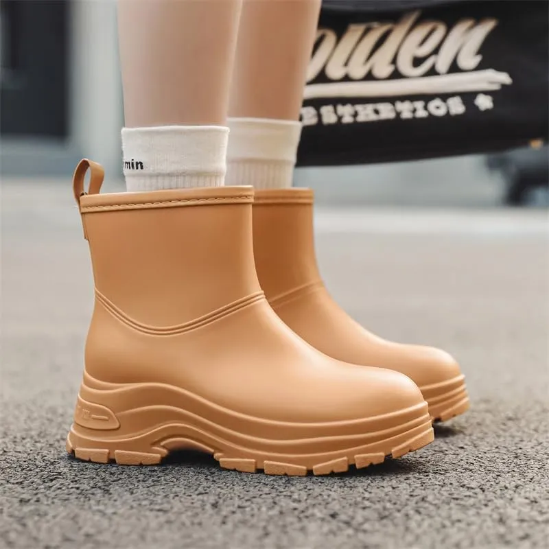 Women's Round Toe Rain Boots, Comfortable Elastic Ankle Boot, Fashion Waterproof Non-Slip Chunky Boots