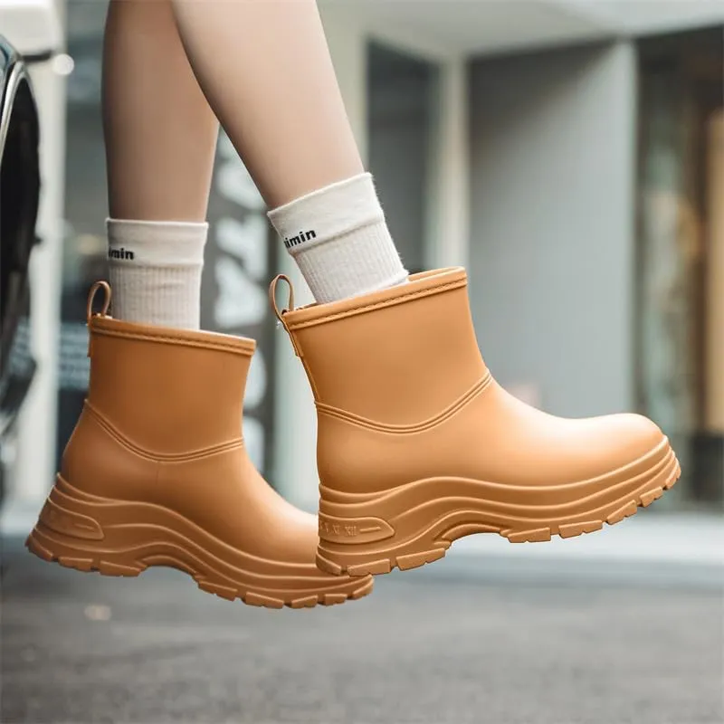 Women's Round Toe Rain Boots, Comfortable Elastic Ankle Boot, Fashion Waterproof Non-Slip Chunky Boots