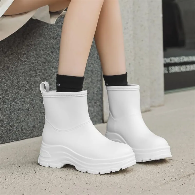 Women's Round Toe Rain Boots, Comfortable Elastic Ankle Boot, Fashion Waterproof Non-Slip Chunky Boots