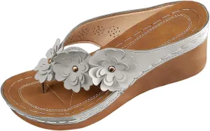 Women's Wedge Heel Flip Flops Women's Flower Decoration Comfortable Wedge Heel Bohemian Shoe Sandals Sandals with Ties