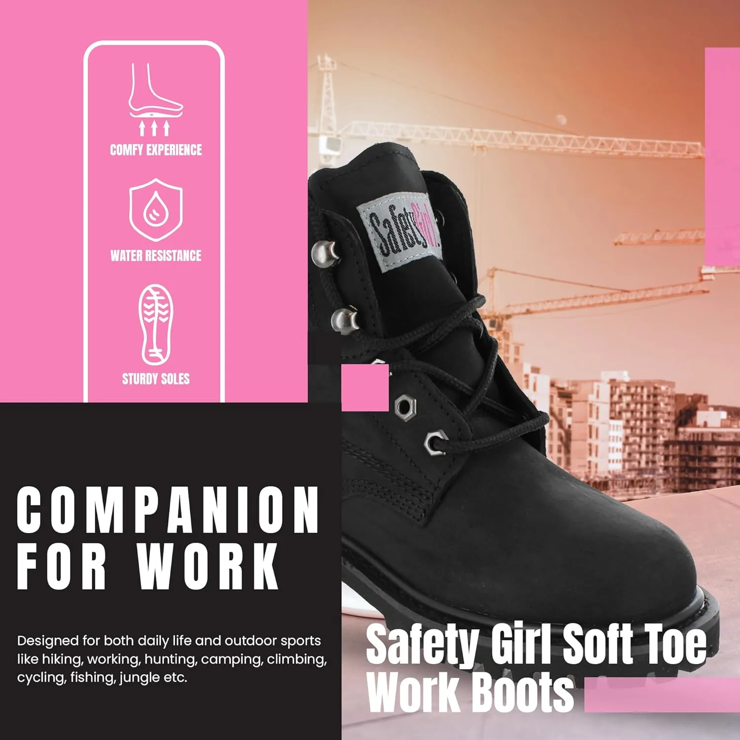 Womens Work Boots | Waterproof Leather Work Boots for Women | Oil & Slip-Resistant Soft Toe Boots for Women | Premium Nubuck Leather | Lightweight and Comfortable | Black Leather - 6W