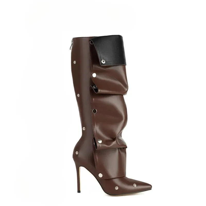 Wrinkled Metal Buttons Spliced Knee Boots