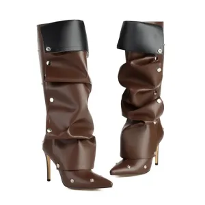 Wrinkled Metal Buttons Spliced Knee Boots