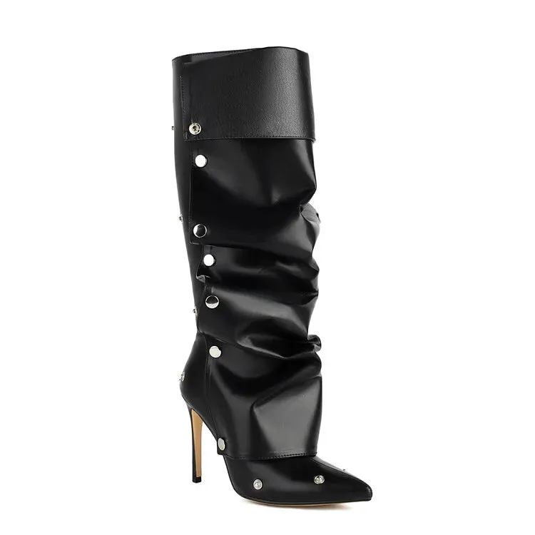 Wrinkled Metal Buttons Spliced Knee Boots