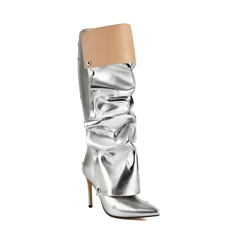Wrinkled Metal Buttons Spliced Knee Boots