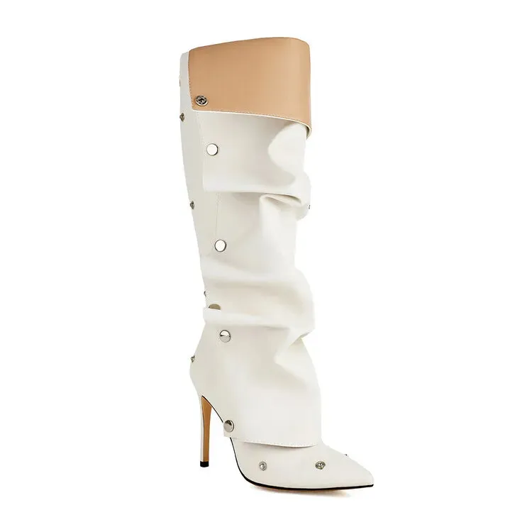 Wrinkled Metal Buttons Spliced Knee Boots