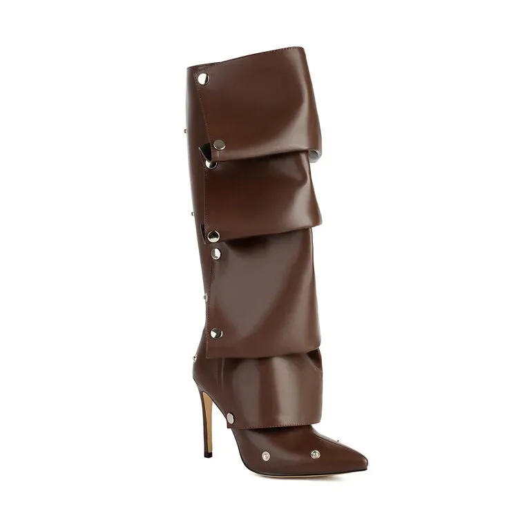 Wrinkled Metal Buttons Spliced Knee Boots
