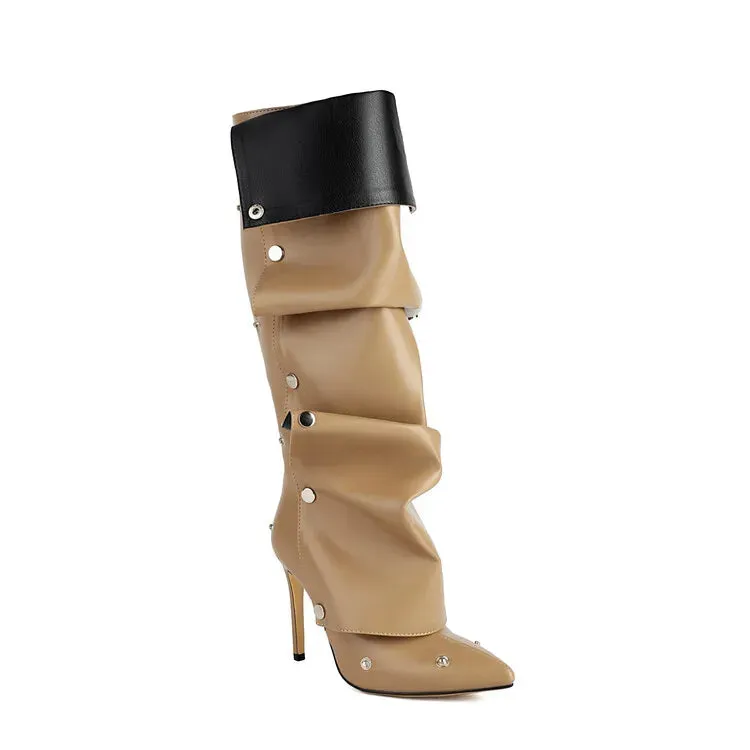 Wrinkled Metal Buttons Spliced Knee Boots